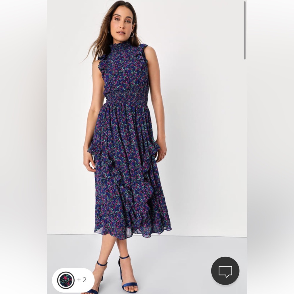 Lulu’s Evalina Navy Blue Floral Print Mock Neck Midi Dress